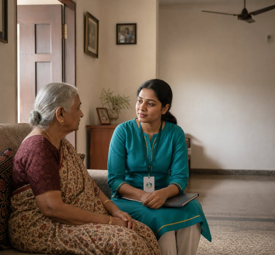 MerakiCare Care Manager speaking with an older woman at home in Hyderabad